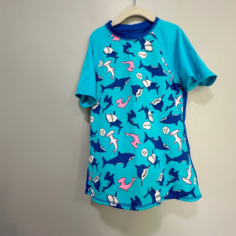 Lands End Kids‎ girls Shark Print Rash Guard Swim Shirt Size L 14